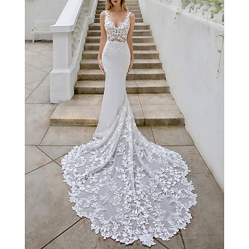 

A-Line Wedding Dresses V Neck Sweep / Brush Train Lace Georgette Sleeveless Sexy Backless with Embroidery Appliques 2020