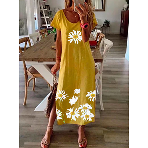 

Women's Daisy Maxi long Dress - Short Sleeve Floral Print Summer Casual Vacation Loose 2020 Black Blue Yellow Gray S M L XL XXL XXXL