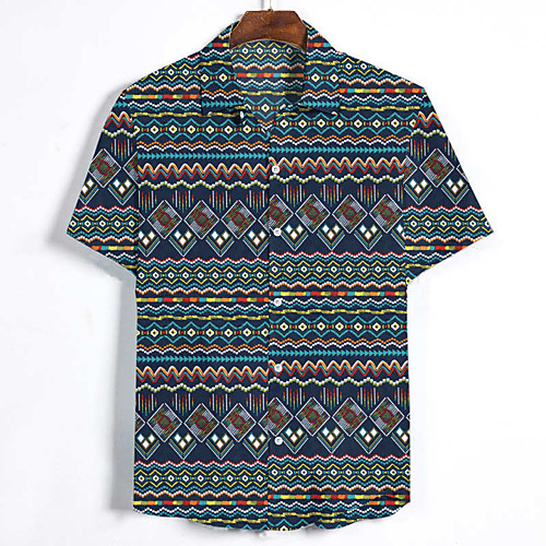 

Men's Tribal Shirt Vintage Street chic Holiday Beach Yellow / Navy Blue / Short Sleeve