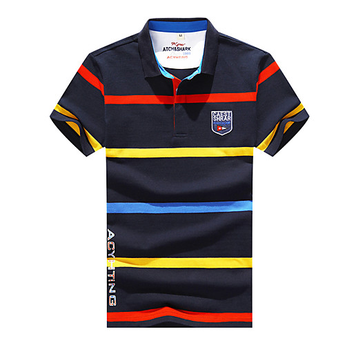 

Men's Striped Color Block Slim Polo - Cotton Business Basic Daily Work Shirt Collar White / Navy Blue / Short Sleeve