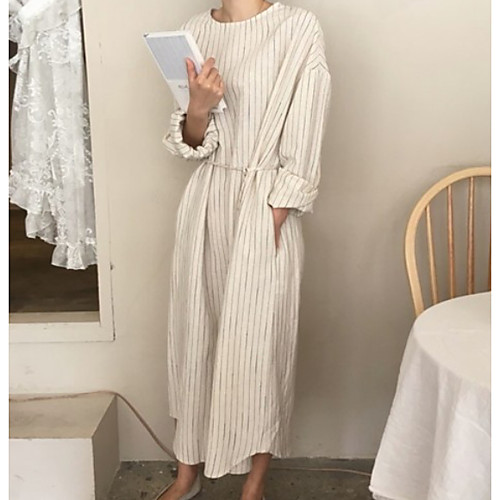 

Women's A-Line Dress Midi Dress - Long Sleeve Striped Summer Work 2020 White S M L XL