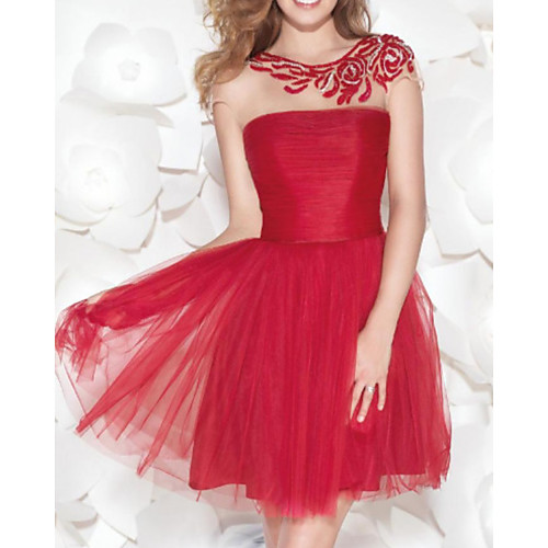 

A-Line Flirty Red Homecoming Cocktail Party Dress Illusion Neck Jewel Neck Sleeveless Short / Mini Lace Tulle with Ruched Embroidery 2020