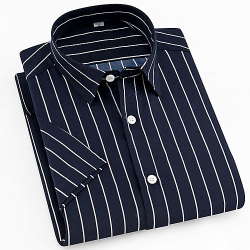 

Men's Striped Plaid Print Shirt Daily Button Down Collar Navy Blue / Short Sleeve