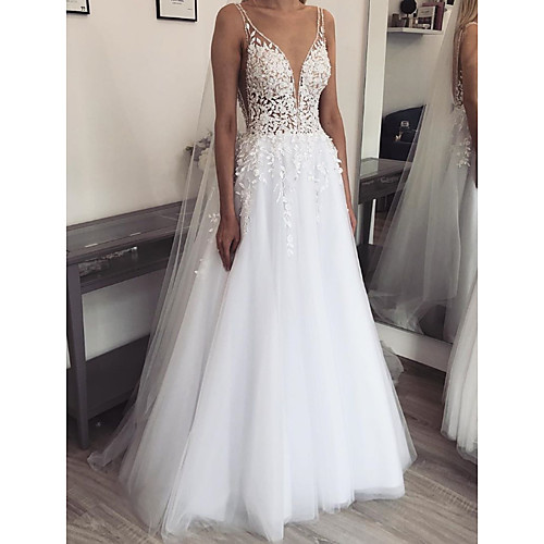 

A-Line Wedding Dresses V Neck Spaghetti Strap Floor Length Lace Tulle Sleeveless Sexy See-Through with Embroidery 2020