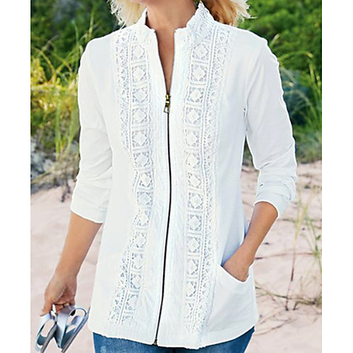 

Women's Daily Regular Jacket, Solid Colored Stand Long Sleeve Polyester White