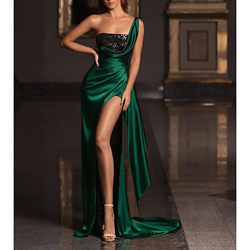 

Sheath / Column Elegant Sparkle Prom Formal Evening Dress One Shoulder Sleeveless Court Train Satin Sequined with Ruched 2020