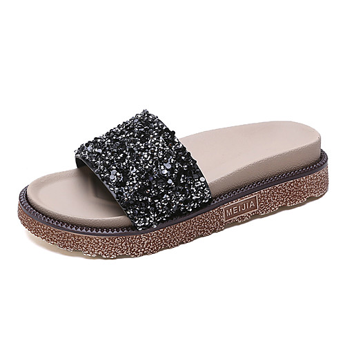 

Women's Slippers & Flip-Flops 2020 Spring & Summer Flat Heel Open Toe Sweet Minimalism Daily Sequin PU Walking Shoes Black / Gold