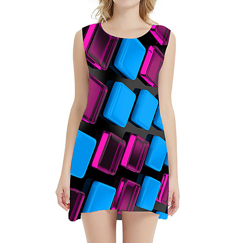 

Women's A Line Dress - Sleeveless Geometric Print Patchwork Summer 3D Print Sexy Daily Holiday Belt Not Included 2020 Black Blue Purple Red Blushing Pink S M L XL XXL XXXL