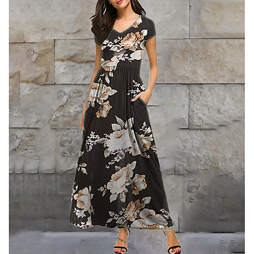 

Women's A-Line Dress Knee Length Dress - Short Sleeves Floral Print Summer Casual Daily 2020 Black M L XL XXL XXXL