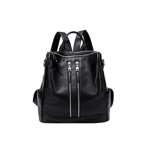 

Adjustable Cowhide Zipper Commuter Backpack Solid Color Daily Black