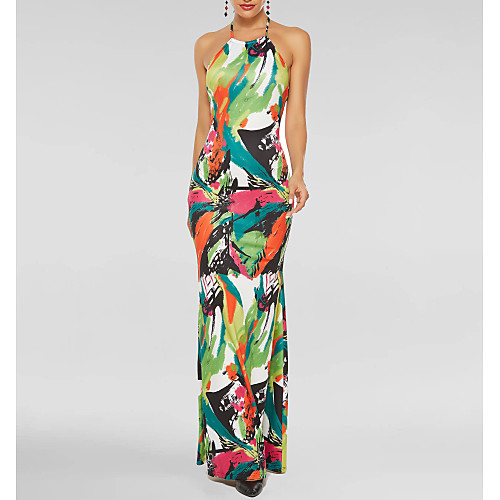 

Women's Maxi Blue & White Bodycon Dress - Sleeveless Floral Backless Halter Neck Sexy Party Puff Sleeve Belt Not Included Slim Rainbow S M L XL / Cotton