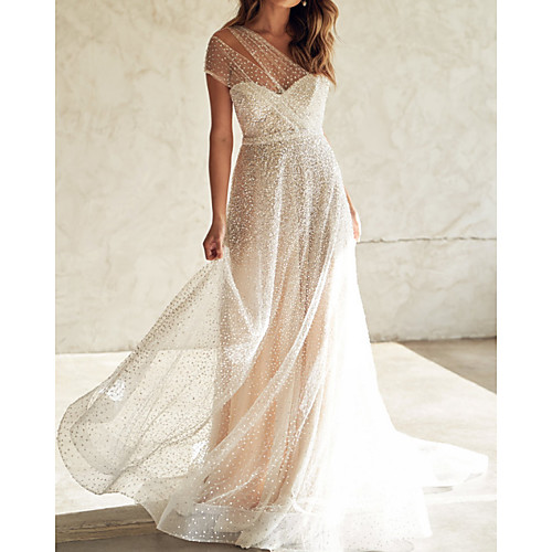 

A-Line Wedding Dresses Sweetheart Neckline Court Train Tulle Sleeveless Sexy Wedding Dress in Color See-Through with Appliques 2020