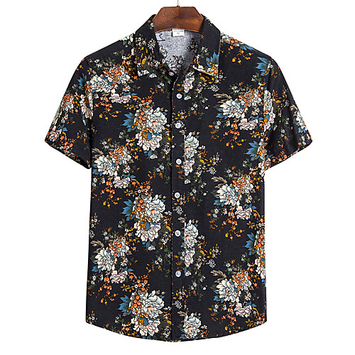 

Men's Plus Size Floral Tribal Shirt - Cotton Vintage Street chic Holiday Weekend Black / Short Sleeve