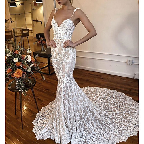 

Mermaid / Trumpet Wedding Dresses V Neck Spaghetti Strap Court Train Lace Sleeveless Sexy See-Through with Lace Embroidery 2020