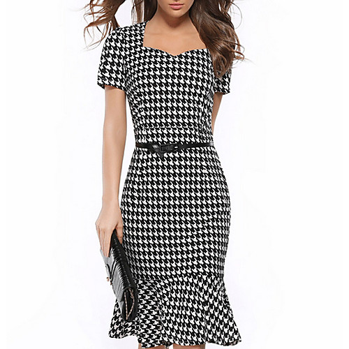 

Women's Sheath Dress Knee Length Dress Black Short Sleeve Plaid Checkered Plaid Square Neck Elegant S M L XL XXL 3XL