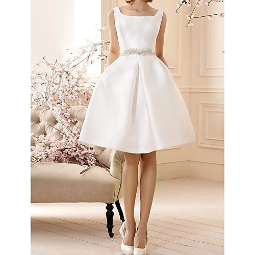 

A-Line Wedding Dresses Square Neck Knee Length Satin Sleeveless Vintage 1950s with Sashes / Ribbons Crystals 2020