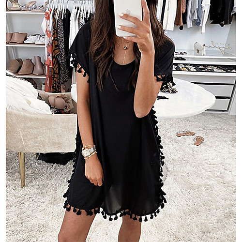 

Women's Shift Dress - Short Sleeves Solid Color Tassel Fringe Patchwork Summer Casual Boho Holiday Going out Batwing Sleeve Belt Not Included Loose 2020 White Black S M L XL