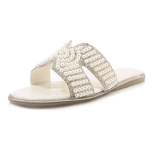 

Women's Slippers & Flip-Flops Spring & Summer Flat Heel Open Toe Casual Minimalism Party & Evening Beach Imitation Pearl Solid Colored PU White / Black / Yellow