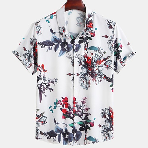 

Men's Floral Shirt - Cotton Tropical Hawaiian Holiday Beach Button Down Collar Red / Green / Light Blue / Short Sleeve