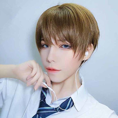 

Synthetic Wig Natural Straight With Bangs Wig Short Light Brown Black Synthetic Hair 6 inch Men's New Design Easy dressing Cool Black Brown
