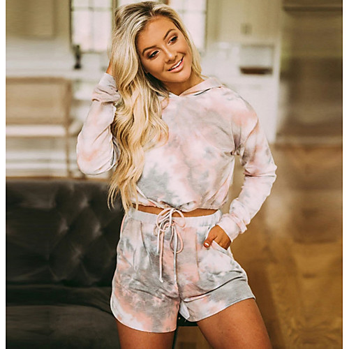 

Women's Basic Set Tie Dye hoodie with Drawstring Shorts -Rainbow/Dusty Rose S M L XL