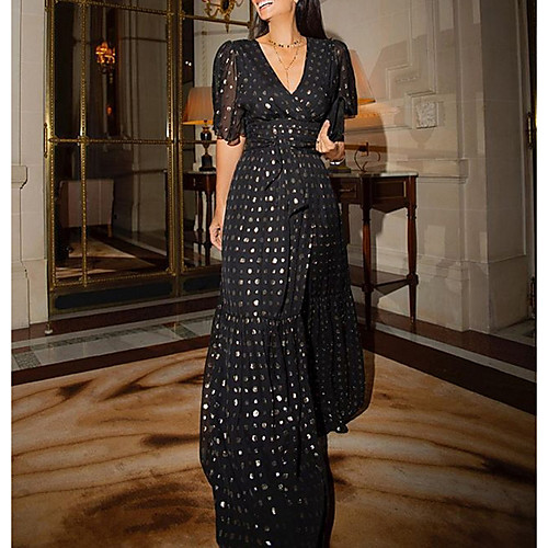 

Women's Maxi A Line Dress - Short Sleeves Polka Dot Summer V Neck Elegant 2020 Black S M L XL