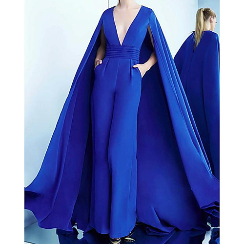 

Jumpsuits Elegant Blue Engagement Formal Evening Dress V Neck Sleeveless Sweep / Brush Train Satin with Sleek 2020