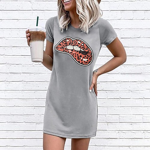 

Women's Shift Dress Dress - Short Sleeves Print Summer Street chic 2020 Gray S M L XL XXL