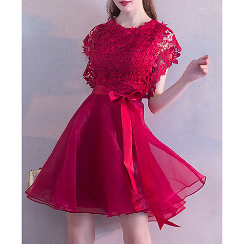 

A-Line Elegant Red Wedding Guest Cocktail Party Dress Jewel Neck Short Sleeve Short / Mini Lace with Lace Insert 2020