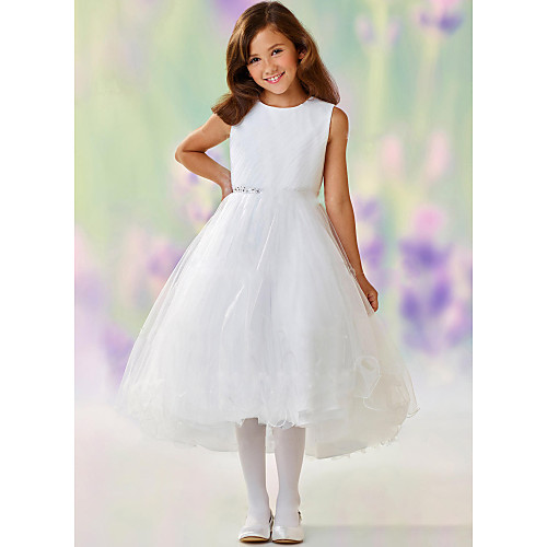

A-Line Ankle Length Party / Wedding Flower Girl Dresses - Satin / Tulle Sleeveless Jewel Neck with Tier