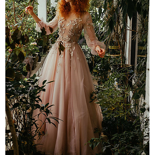 

A-Line Floral Pink Wedding Guest Prom Dress Jewel Neck Long Sleeve Floor Length Tulle with Pleats Appliques 2020