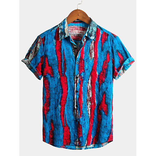 

Men's Striped Graffiti Shirt - Cotton Tropical Hawaiian Holiday Beach Classic Collar Button Down Collar Royal Blue / Short Sleeve