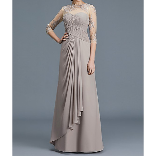 

A-Line Mother of the Bride Dress Elegant Illusion Neck Floor Length Chiffon Lace 3/4 Length Sleeve with Lace Appliques Ruching 2021