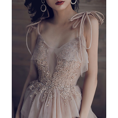 

A-Line Luxurious Sexy Engagement Formal Evening Dress Spaghetti Strap Sleeveless Floor Length Chiffon with Beading Embroidery 2020