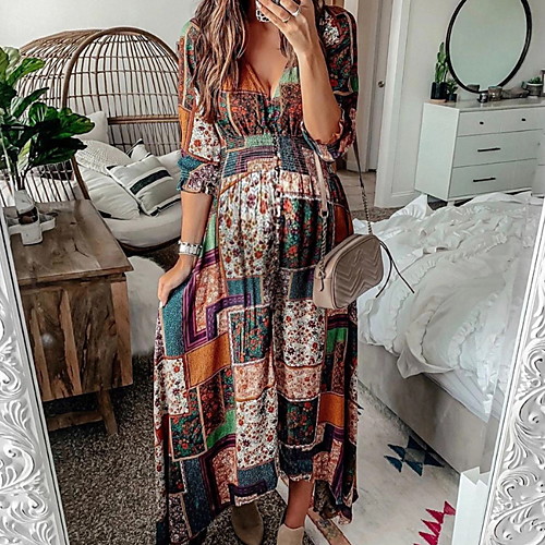 

Women's Maxi Sheath Dress - Long Sleeve Geometric Spring V Neck Elegant Slim 2020 Brown S M L XL XXL XXXL