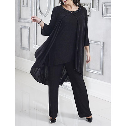 

Pantsuit / Jumpsuit Mother of the Bride Dress Elegant Jewel Neck Floor Length Chiffon Long Sleeve with Beading 2020