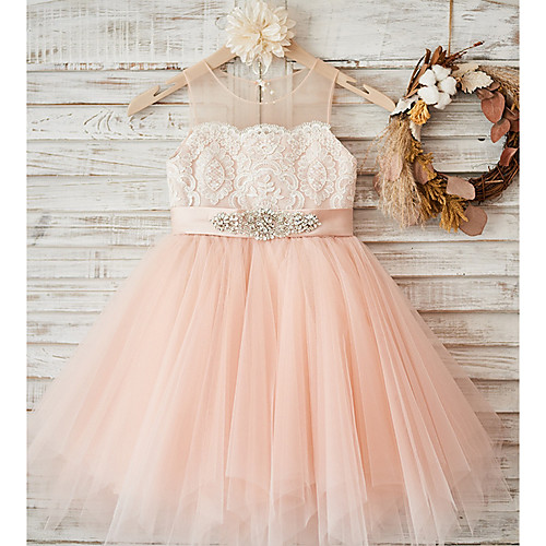 

A-Line Ankle Length Wedding / Party Flower Girl Dresses - Lace / Tulle Sleeveless Jewel Neck with Sash / Ribbon / Crystals