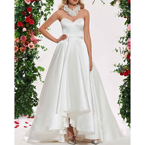 

A-Line Wedding Dresses Strapless Sweep / Brush Train Asymmetrical Satin Sleeveless Simple with Ruched 2021