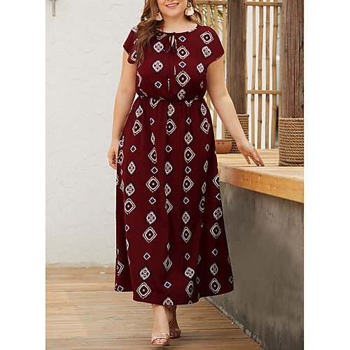 

Women's A-Line Dress Maxi long Dress - Short Sleeves Geometric Summer Elegant 2020 Wine Black Navy Blue XL XXL XXXL XXXXL