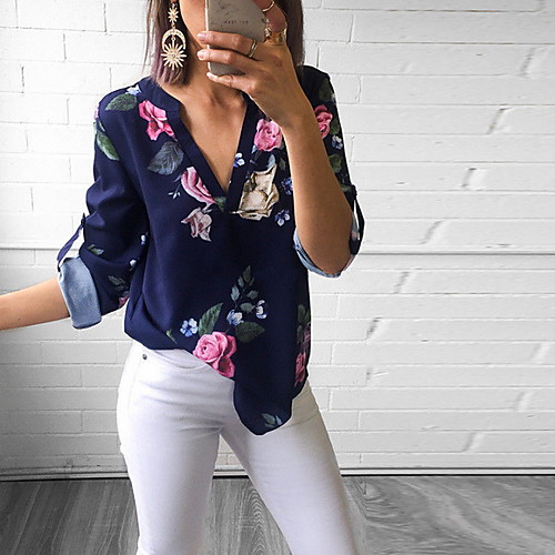 

Women's Floral Blouse Daily V Neck White / Blue / Green / Light Green