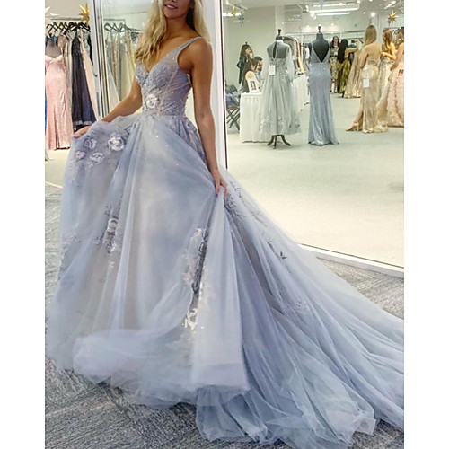 

A-Line Floral Sexy Engagement Formal Evening Dress V Neck Sleeveless Watteau Train Tulle with Embroidery 2020
