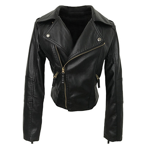 

Women's Daily Short Leather Jacket, Solid Colored Notch Lapel Long Sleeve Polyester Black