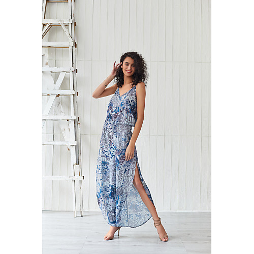 

Women's Swing Dress Maxi long Dress - Sleeveless Print Print Summer Elegant Boho Holiday Going out 2020 Blue XS S M L XL