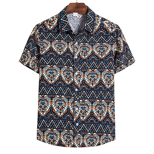 

Men's Plus Size Tribal Shirt - Cotton Vintage Street chic Holiday Weekend Blue / Short Sleeve