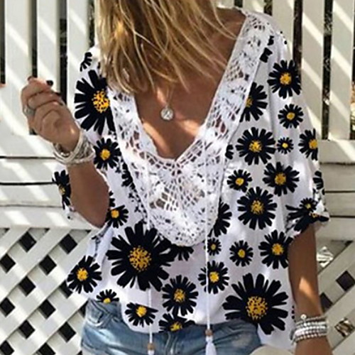 

Women's Floral Daisy Print Loose T-shirt Boho Daily V Neck White / Purple / Yellow / Blushing Pink / Light Blue