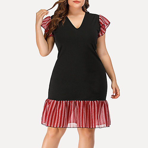 

Women's Plus Size Bodycon Dress - Short Sleeves Striped Solid Color Ruffle Summer V Neck Casual Street chic Party Going out Belt Not Included 2020 Black L XL XXL XXXL XXXXL