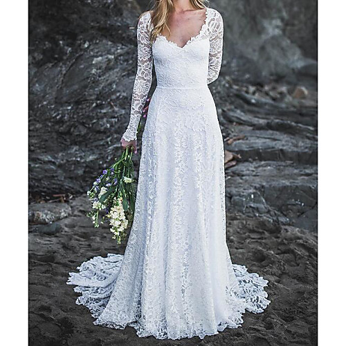 

A-Line Wedding Dresses V Neck Sweep / Brush Train Lace Long Sleeve Country Sexy Backless with Lace 2020
