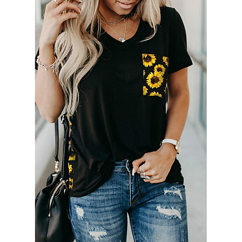 

Women's Floral Leopard Sun Flower Patchwork Print T-shirt Daily V Neck Black / Yellow