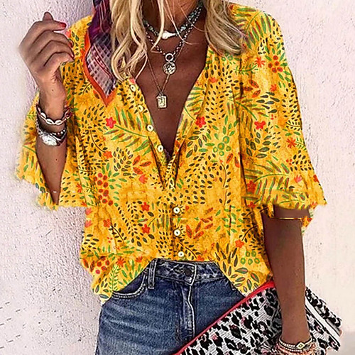 

Women's Floral Blouse Casual Daily Yellow / V Neck