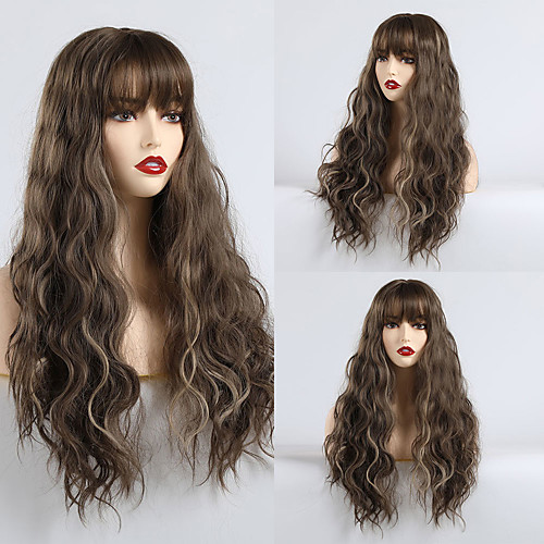 

Synthetic Wig kinky Straight Water Wave Lily Neat Bang Wig Long sepia Synthetic Hair 24 inch Women's Cute Party Comfortable Brown